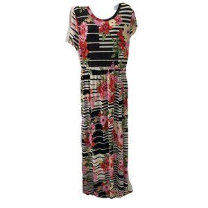 Woman's Maxi Dress Black Flower Knit Short Sleeve